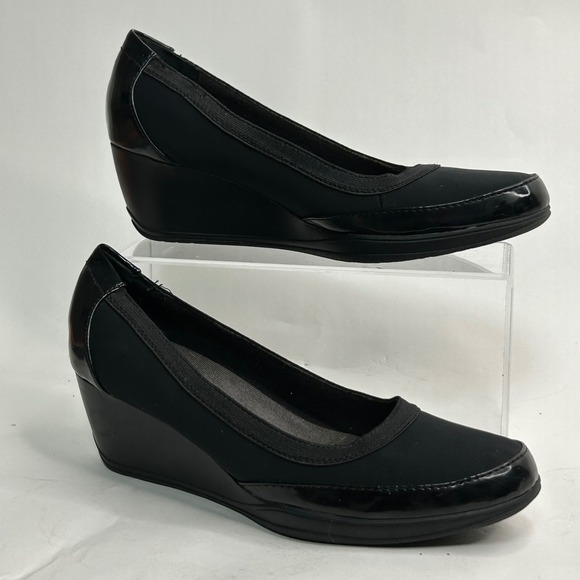 Clarks Shoes - Clarks Bendables Womens Black Textile Patent Wedge Pumps 67116 Size 8.5M Comfort